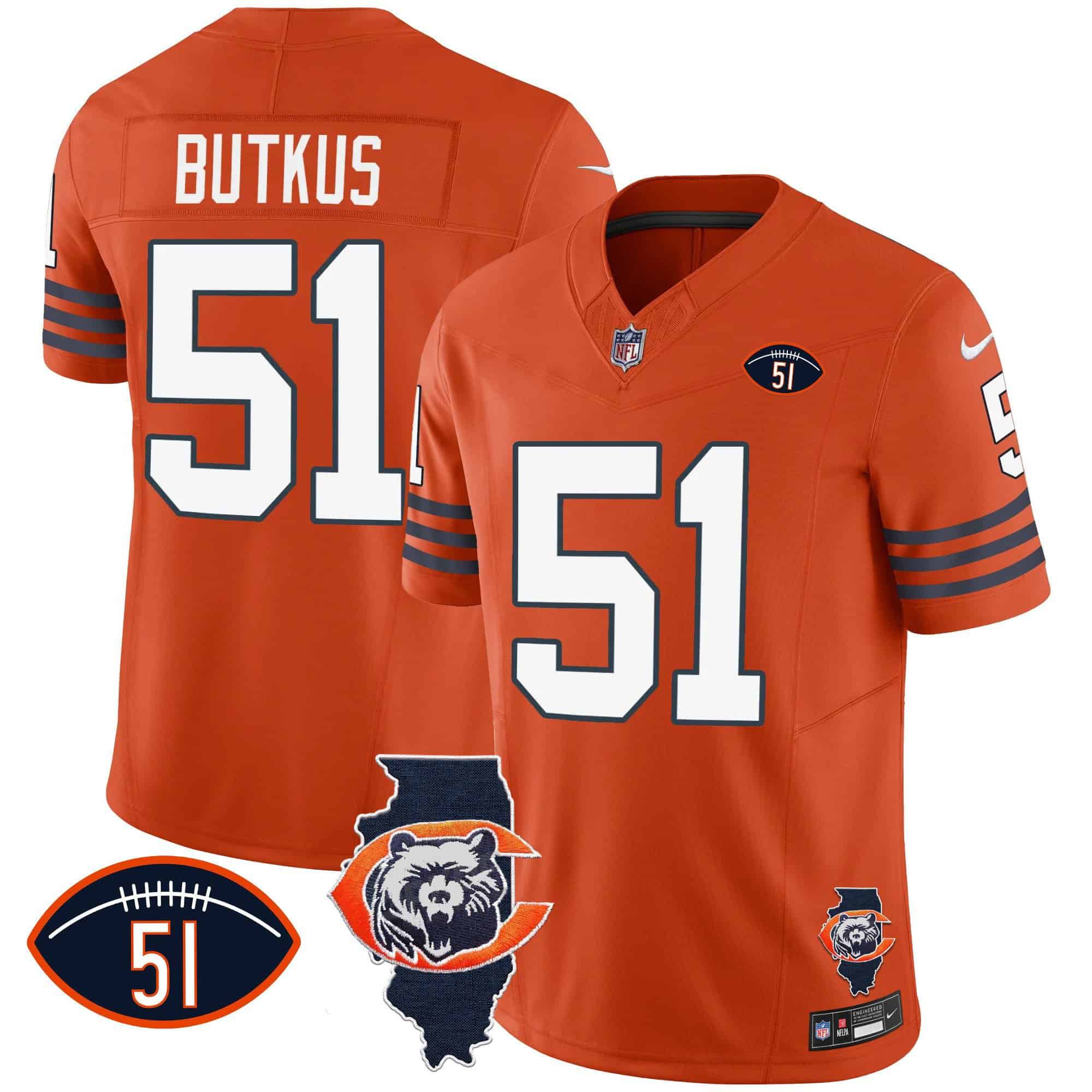 Men Chicago Bears 51 Butkus Orange 2024 Nike Throwback Illinois Patch Vapor NFL Jersey